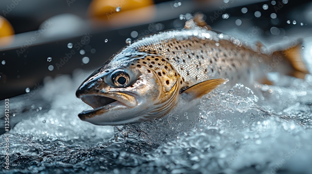 Fresh trout emerging from icy water, splashing. Fresh trout emerging from icy water, splashing.