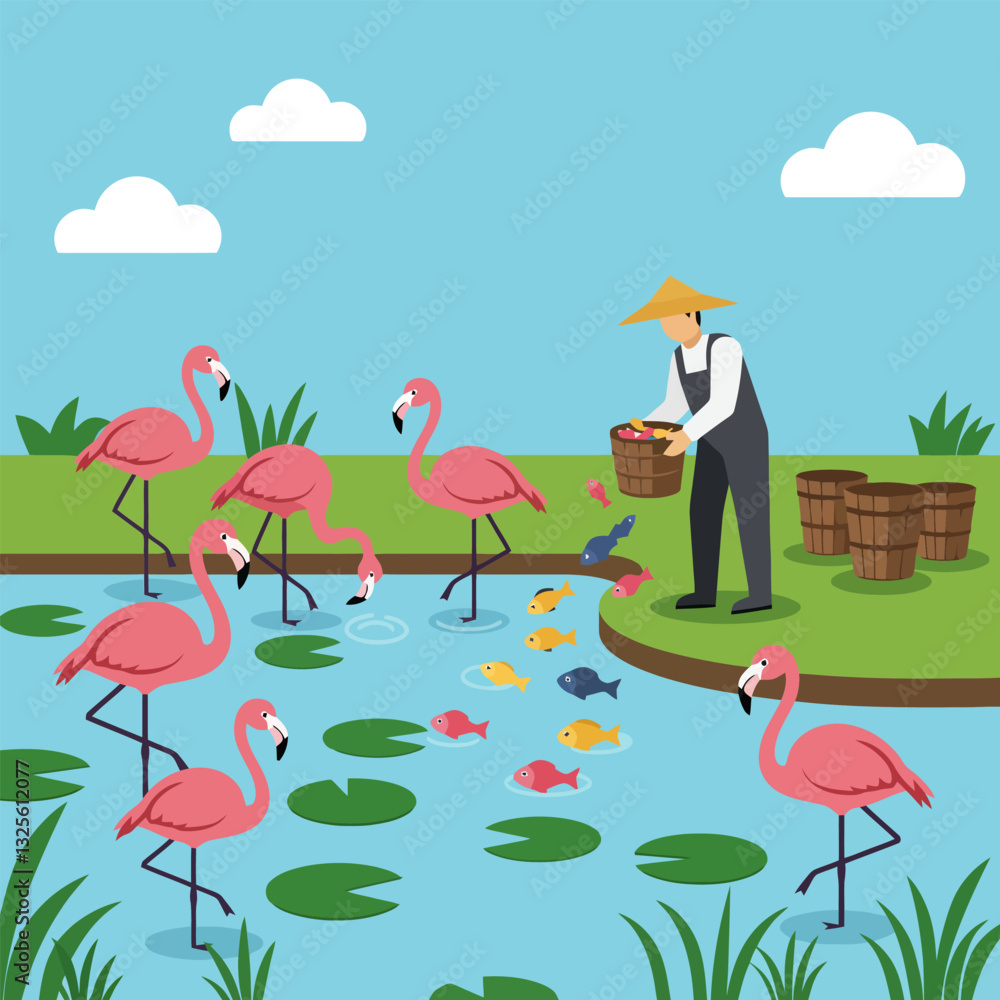 Flamingo Pond Scene with Figure Feeding Fish and Birds Graphic Flamingo Pond Scene with Figure Feeding Fish and Birds Graphic
