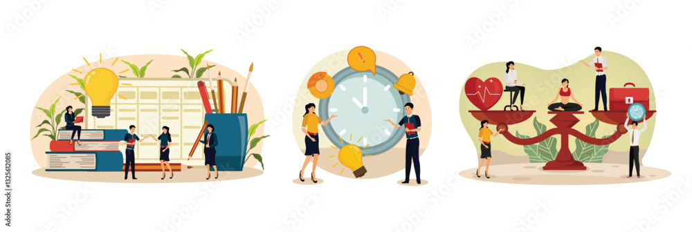 Naklejka premium Training courses and tutorials concept. Self management and multitasking. Health and work on scales.