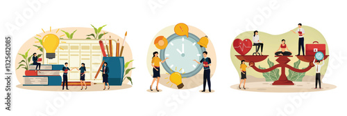Training courses and tutorials concept. Self management and multitasking. Health and work on scales.
