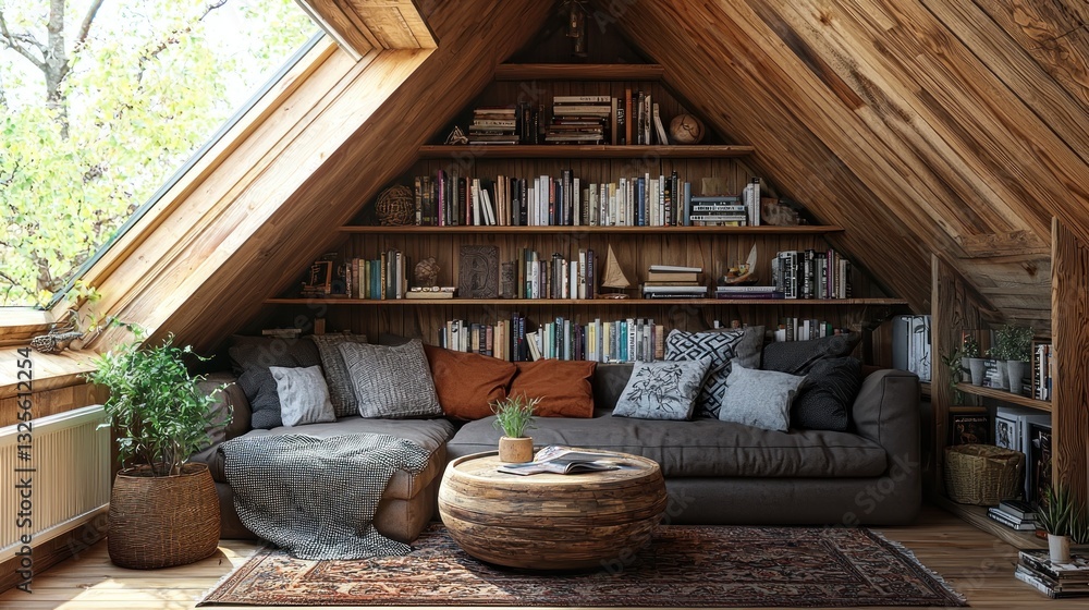 Cozy attic living space with bookshelves and comfortable seating areas Cozy attic living space with bookshelves and comfortable seating areas