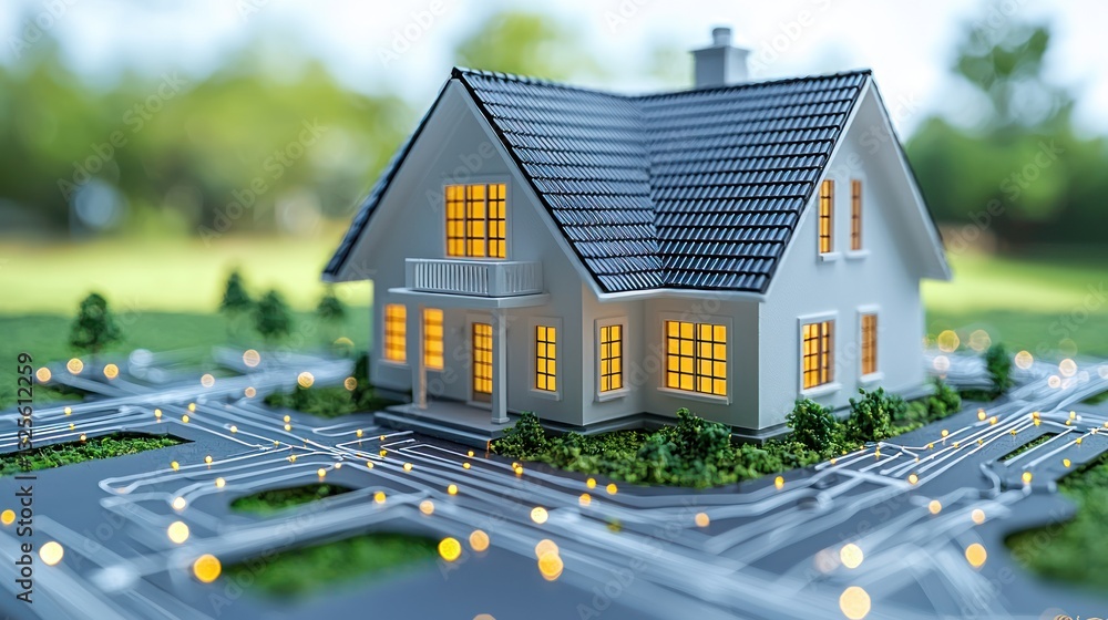 Smart home model on illuminated circuit board. Smart home model on illuminated circuit board.