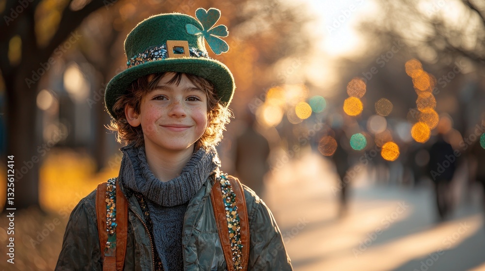 Smiling boy in leprechaun hat at parade. Smiling boy in leprechaun hat at parade.