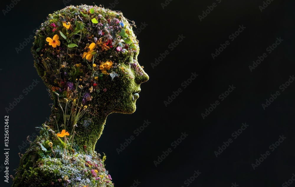 Moss and Flower Covered Human Form Profile on Dark Background Moss and Flower Covered Human Form Profile on Dark Background