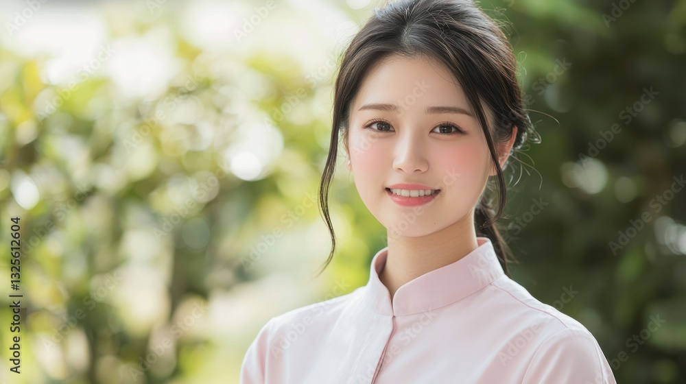 Young Woman with Natural Smile in Soft Pink Blouse Outdoors Young Woman with Natural Smile in Soft Pink Blouse Outdoors