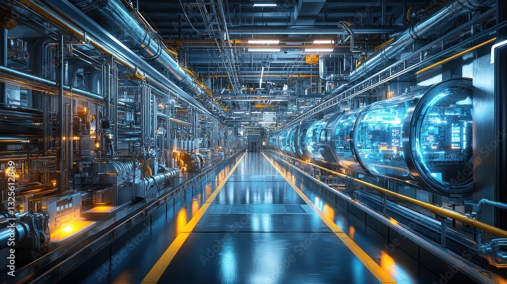 Futuristic industrial facility features long hallways with advanced machinery components Futuristic industrial facility features long hallways with advanced machinery components