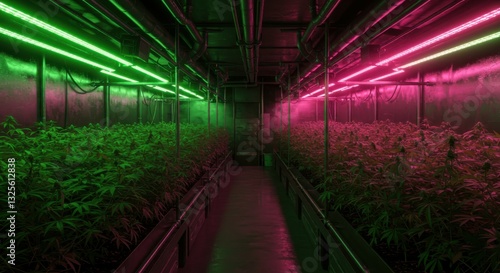 Indoor greenhouse, neon lighting, hydroponic farm, futuristic agriculture, green and pink glow, rows of plants, industrial interior, high-tech cultivation, LED grow lights, sustainable farming, sci-fi