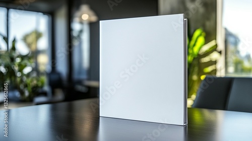 Blank white square book mockup on dark wooden table in modern cafe setting.