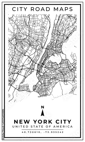 Black and white printable road map of New York city United State of America banner poster design with coordinate position location, vector illustration