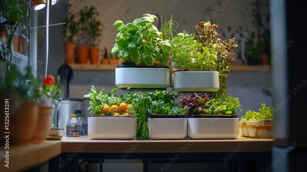 Indoor herb garden on kitchen counter with multiple plants, modern design Indoor herb garden on kitchen counter with multiple plants, modern design