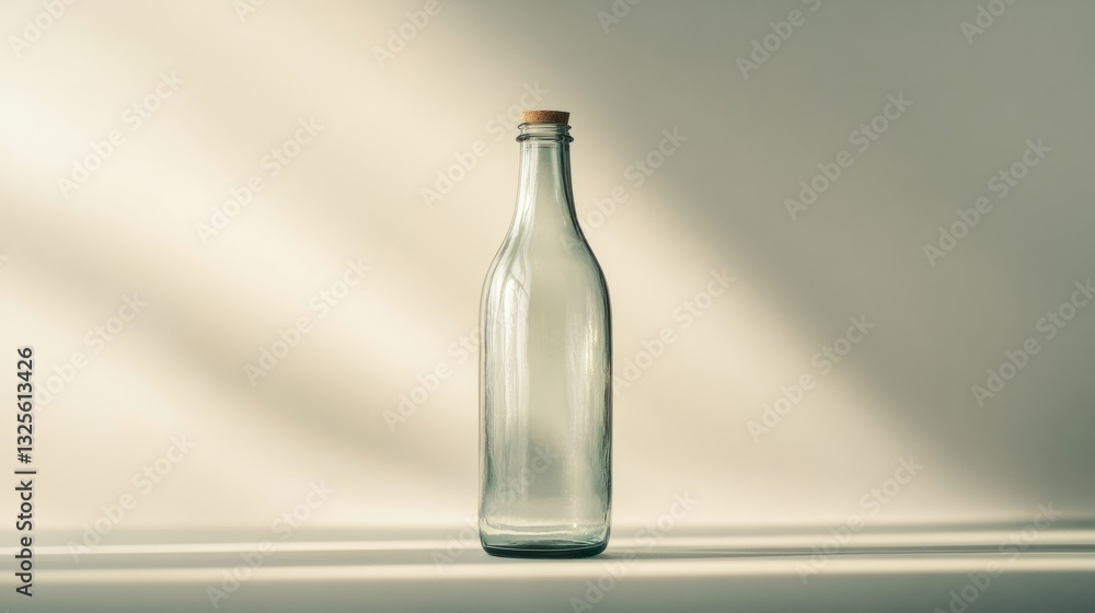 A lone, unfilled glass bottle, standing in the center of a light grey background, soft lighting accentuating its form A lone, unfilled glass bottle, standing in the center of a light grey background, soft lighting accentuating its form