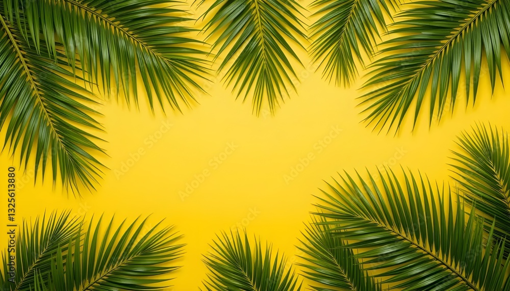 Naklejka premium Tropical Green Palm Leaves Arranged on Bright Yellow Background, Flat-Lay with Copy Space