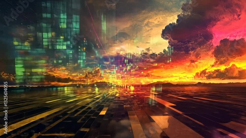 Vivid urban sunset: digital cityscape transforming with glowing colors and abstract lights