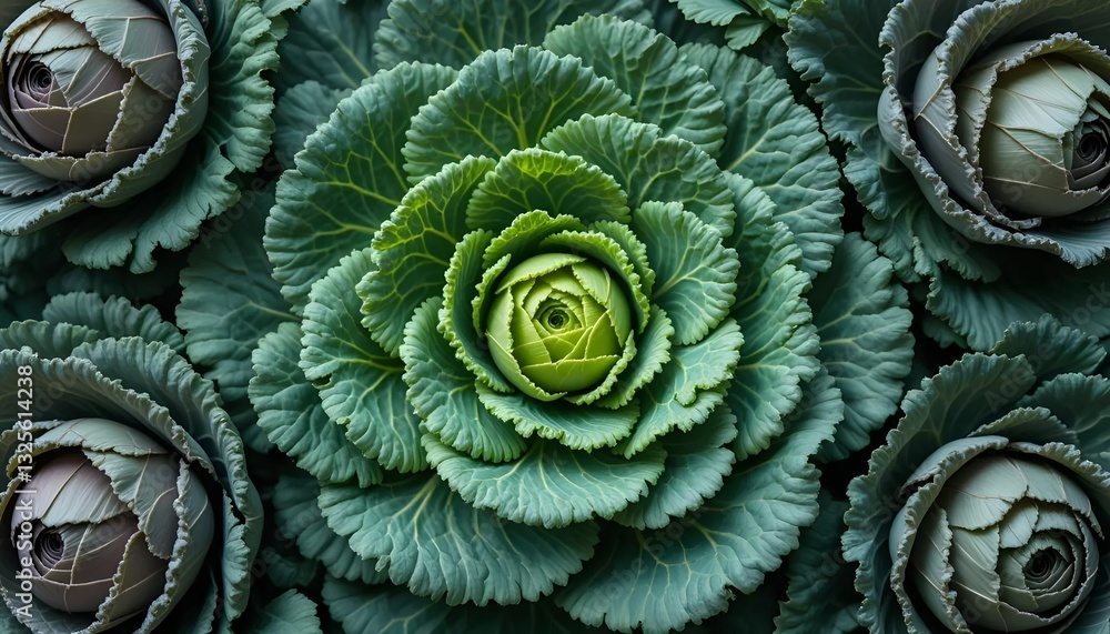 Fototapeta premium Vibrant Ornamental Cabbages and Kales: A Textured Natural Beauty