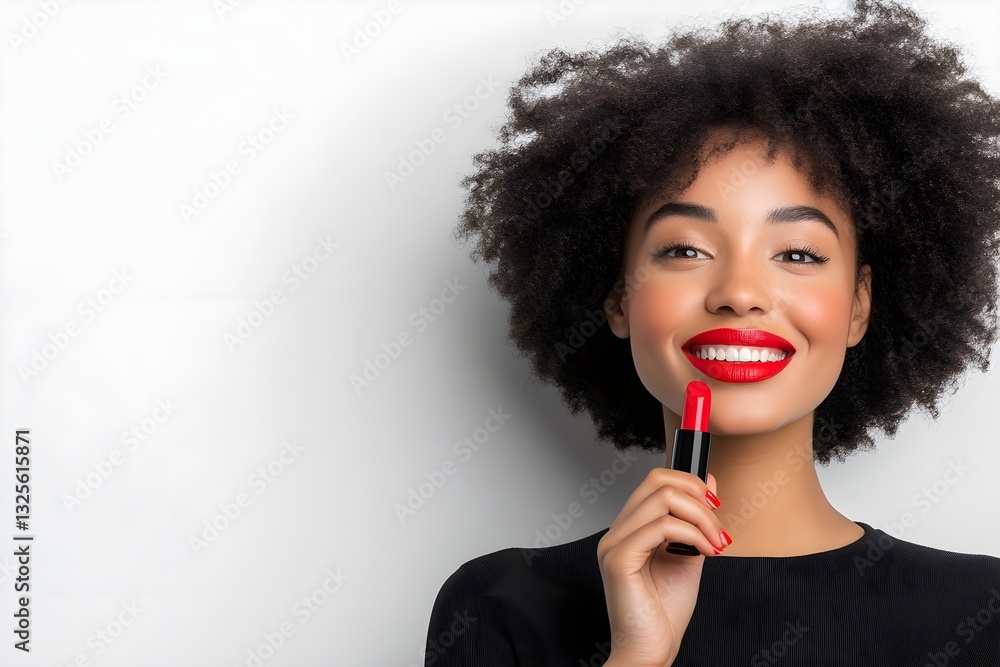 A woman with red lipstick is holding a red lipstick in her hand A woman with red lipstick is holding a red lipstick in her hand