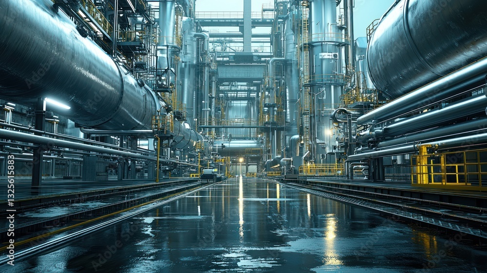 An industrial facility with pipes and platforms reflected in water An industrial facility with pipes and platforms reflected in water