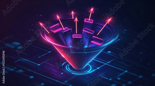 Highly detailed digital sales funnel icon with multistage conversion steps and glowing arrows