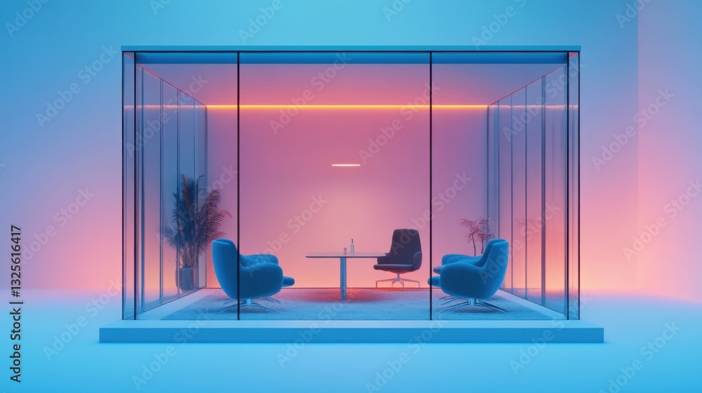 Fototapeta premium Modern Glass Office Pod with Pink and Blue Lighting