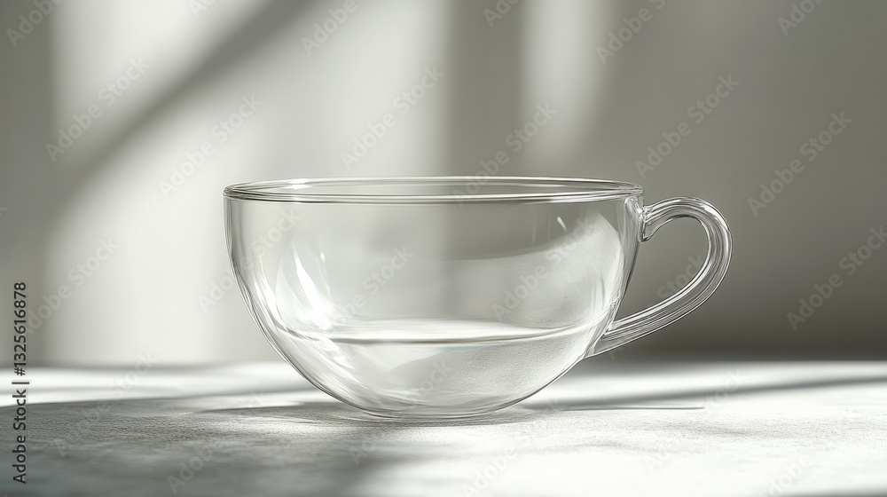 A simple transparent glass teacup, empty, placed on a smooth stone surface with a light grey background and delicate shadows