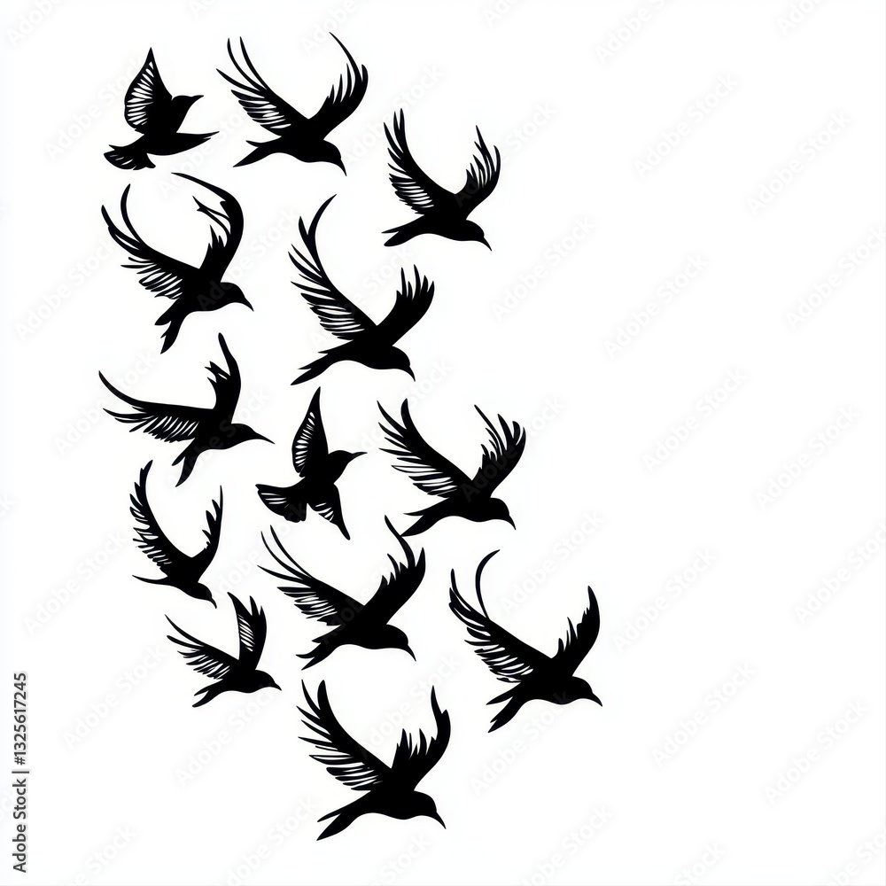 Obraz premium Black Bird Silhouettes in Flight Monochrome Avian Illustration