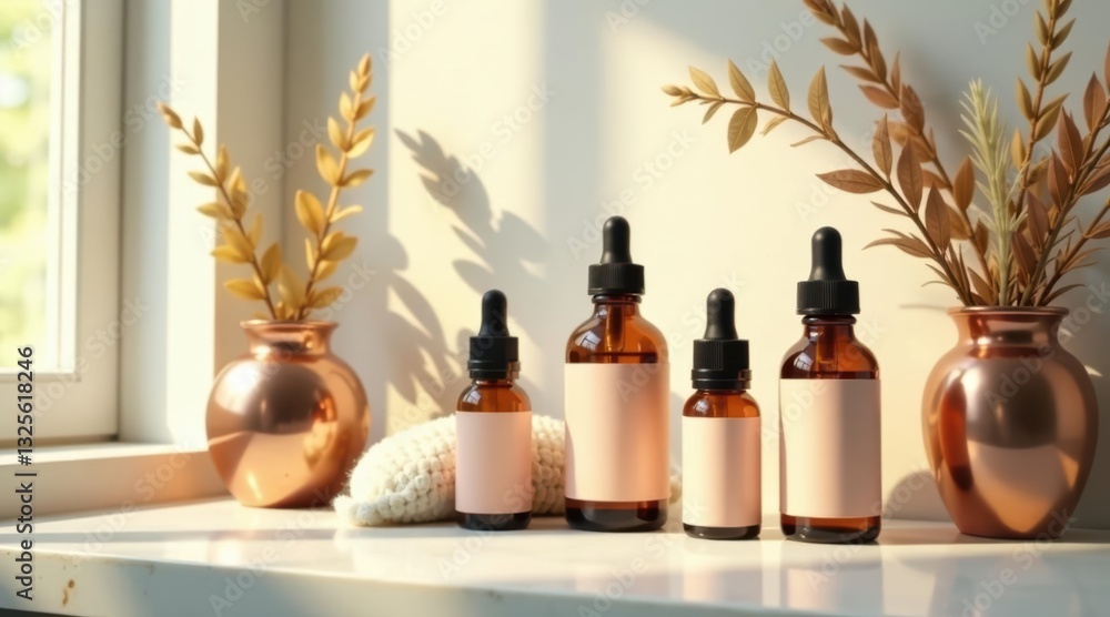Sunlit Window Sill Display of Amber Bottles with Blank Labels and Dried Floral Arrangements Sunlit Window Sill Display of Amber Bottles with Blank Labels and Dried Floral Arrangements