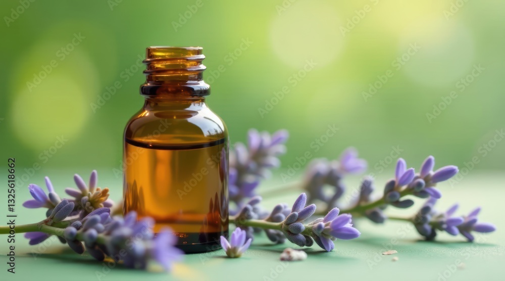 Aromatic Lavender Essential Oil in Amber Bottle with Fresh Blooming Flowers on Green Surface Aromatic Lavender Essential Oil in Amber Bottle with Fresh Blooming Flowers on Green Surface
