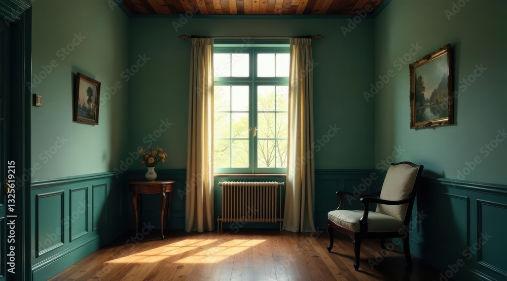 Fototapeta premium Serene Interior with Natural Light Illuminating a Tranquil Room Featuring Antique Furnishings and Classic Wall Paneling
