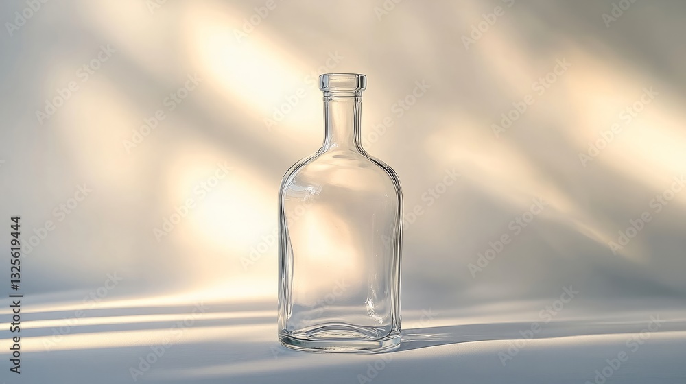 A single empty glass bottle with a narrow neck, placed in front of a smooth white background, soft lighting and gentle shadows A single empty glass bottle with a narrow neck, placed in front of a smooth white background, soft lighting and gentle shadows