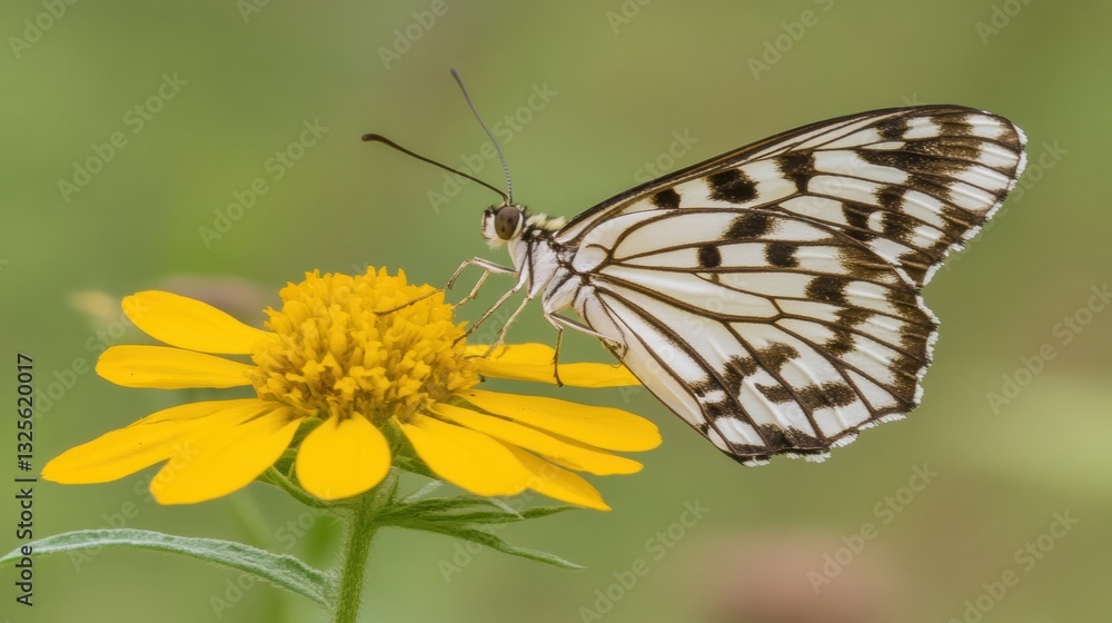 Black And White Butterfly On Yellow Flower Macro Photography Black And White Butterfly On Yellow Flower Macro Photography