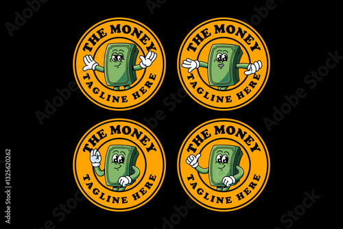 green cash money bills colorful cartoon mascot illustration badge logo design set with flying, hands outstretched, check, ok, thumb up han pose for investment finance economy mascots and merchandise