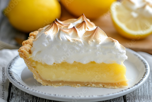 Delicious lemon meringue pie slice sweet dessert pastry baked treat food tart yummy taste image white