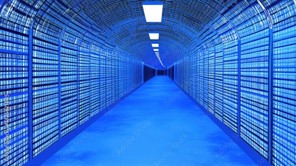 Fototapeta premium Blue Illuminated Server Room Corridor, Futuristic Data Center Interior