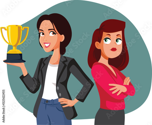 Envious Woman Looking at a Colleague with a Trophy Vector Illustration. Sore loser having feeling of envy and jealousy because being competitive