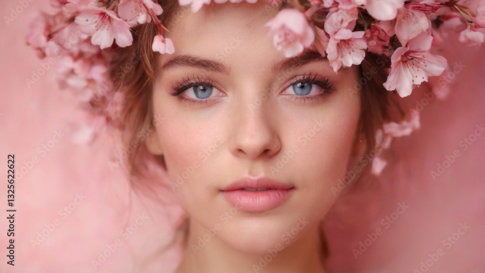 Closeup Portrait of Young Woman with Blue Eyes, Pink Cherry Blossom Wreath, Delicate Makeup, and Serene Expression on Pink Background Closeup Portrait of Young Woman with Blue Eyes, Pink Cherry Blossom Wreath, Delicate Makeup, and Serene Expression on Pink Background