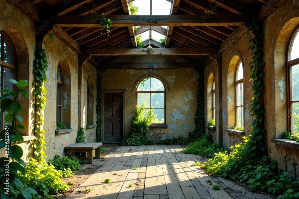 Sunlit Overgrown Interior of an Abandoned Structure with Wooden Beams and Arch Windows Sunlit Overgrown Interior of an Abandoned Structure with Wooden Beams and Arch Windows