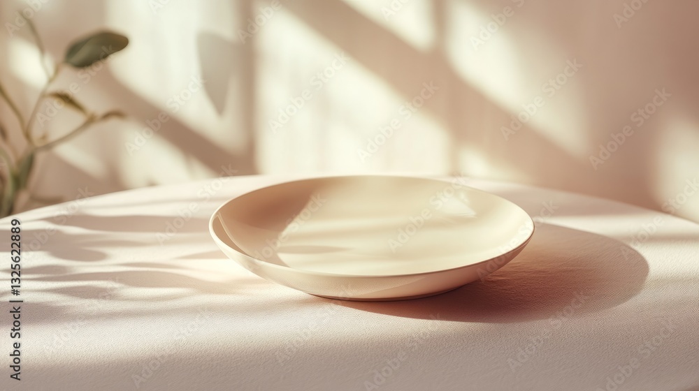 A single white plate on a light beige surface, no food, just the simplicity of the empty plate with soft ambient light A single white plate on a light beige surface, no food, just the simplicity of the empty plate with soft ambient light