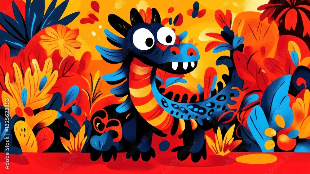 Obraz premium A Friendly Cartoon Dragon Standing Among Colorful Vibrant Foliage