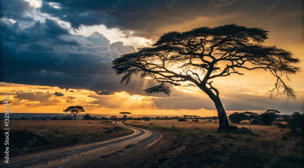 Obraz premium Majestic Acacia Tree at Sunset on African Savanna with Dramatic Sky V1