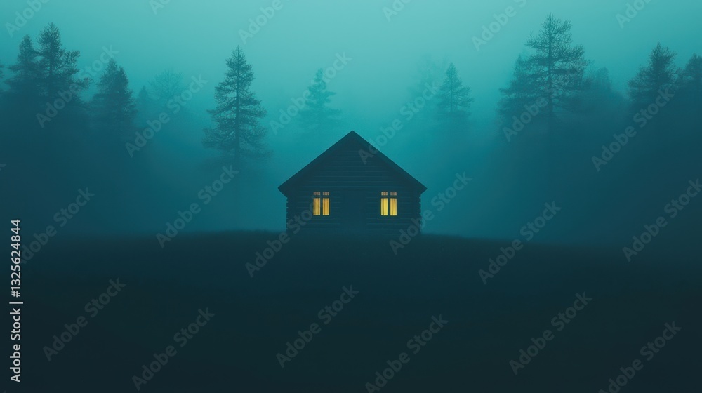 Mysterious Cabin in Foggy Forest with Glowing Windows Creating an Enigmatic Atmosphere for Dreamlike Landscapes and Nature Photography Enthusiasts Mysterious Cabin in Foggy Forest with Glowing Windows Creating an Enigmatic Atmosphere for Dreamlike Landscapes and Nature Photography Enthusiasts