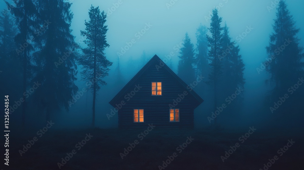 Mysterious wooden house glowing warmly in foggy forest, surrounded by tall evergreen trees during twilight for tranquil and atmospheric mood Mysterious wooden house glowing warmly in foggy forest, surrounded by tall evergreen trees during twilight for tranquil and atmospheric mood