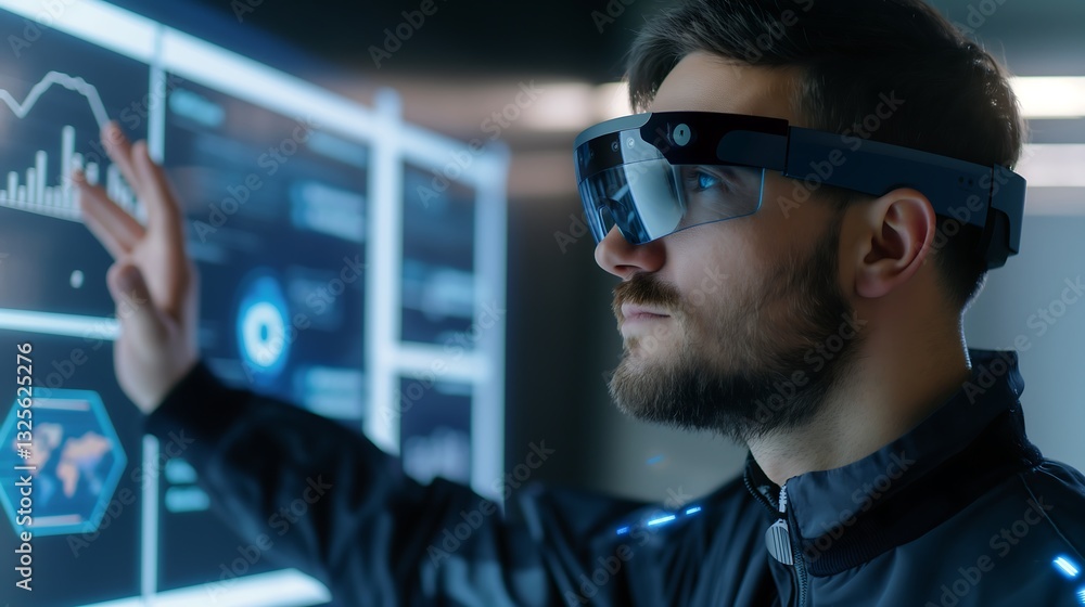 An enterprise leader engaging with a holographic ERP system in augmented reality, where data-driven insights, digital contracts, and compliance icons dynamically respond to his gestures. An enterprise leader engaging with a holographic ERP system in augmented reality, where data-driven insights, digital contracts, and compliance icons dynamically respond to his gestures.