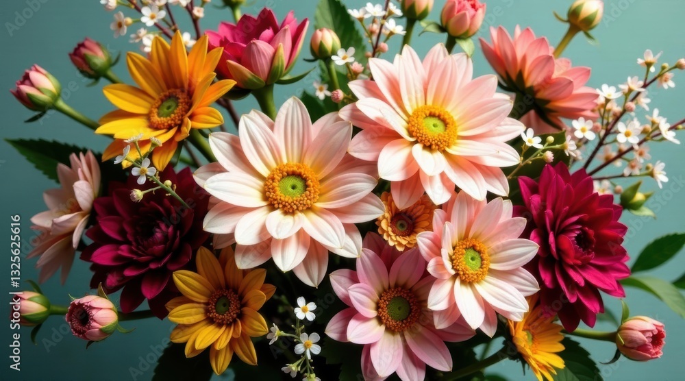 A vibrant bouquet of various flowers, showcasing delicate petals and diverse colors, arranged with meticulous attention to detail, creating a stunning floral display A vibrant bouquet of various flowers, showcasing delicate petals and diverse colors, arranged with meticulous attention to detail, creating a stunning floral display