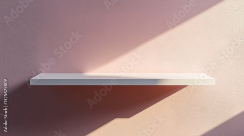 A white minimalist shelf, completely empty, mounted on a soft pastel-colored wall, soft shadows and serene ambiance