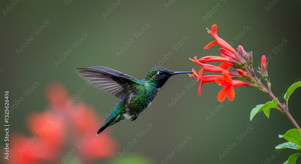 Fototapeta premium 鮮やかな赤花に吸蜜する緑色ハチドリ 柔らかな自然光. AI Generated