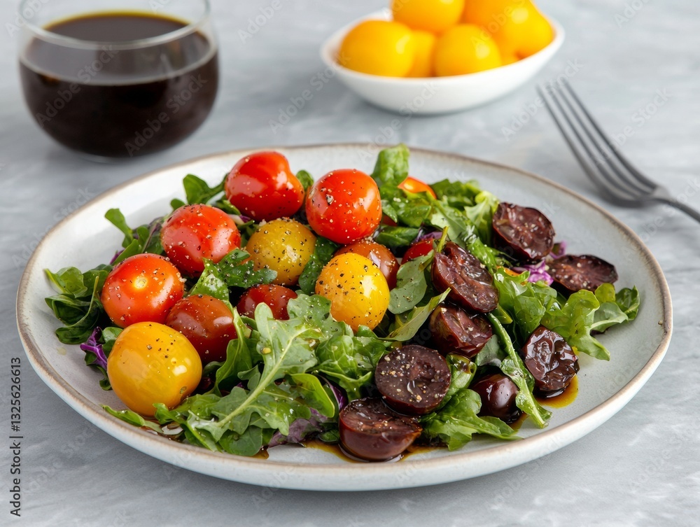 Fresh colorful tomato and arugula salad with balsamic glaze dressing Fresh colorful tomato and arugula salad with balsamic glaze dressing