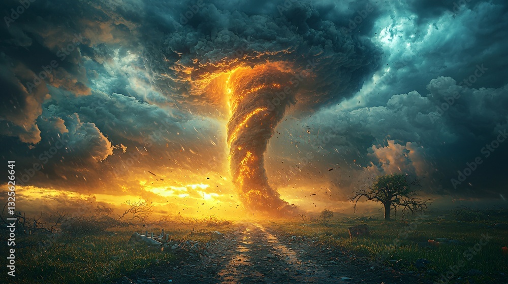 Fototapeta premium Dramatic Tornado Forming Under Dark Stormy Skies at Sunset