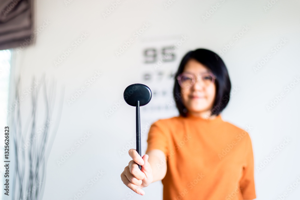 Asian woman checking up vision closing eyes test at hospital Asian woman checking up vision closing eyes test at hospital