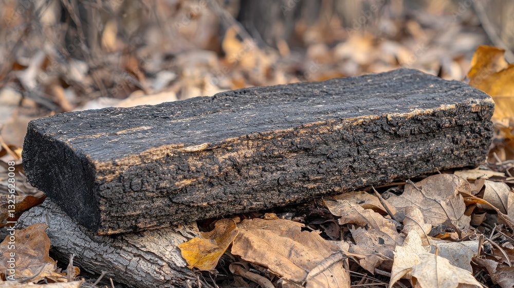 Fototapeta premium Wood Block Resting Among Fallen Leaves in Forest Environment Nature Scene Outdoors Scenic Tranquility