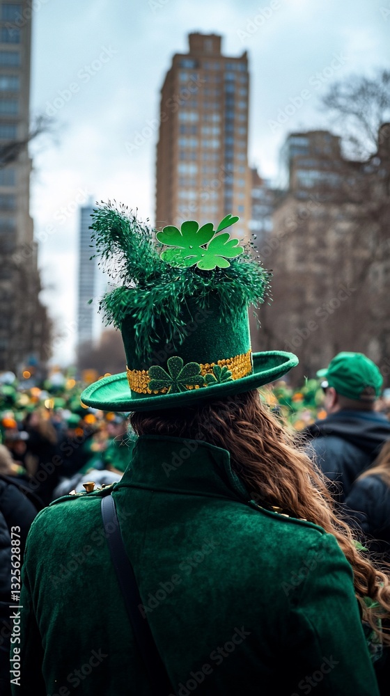 Naklejka premium Woman in green St. Patrick's Day hat in city parade.