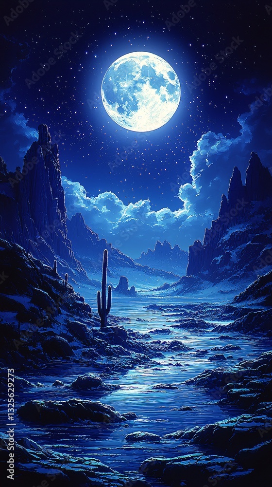 Fototapeta premium Serene Moonlit Landscape with Cactus and Starry Night Sky